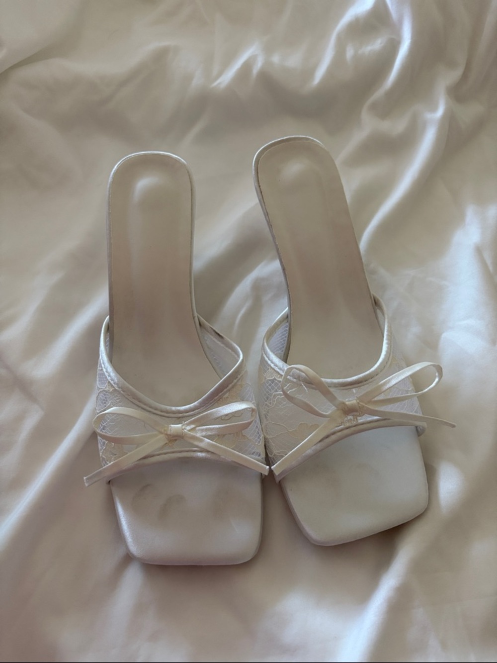 SHEIN White Lace Bow Open-Back Mule Heels